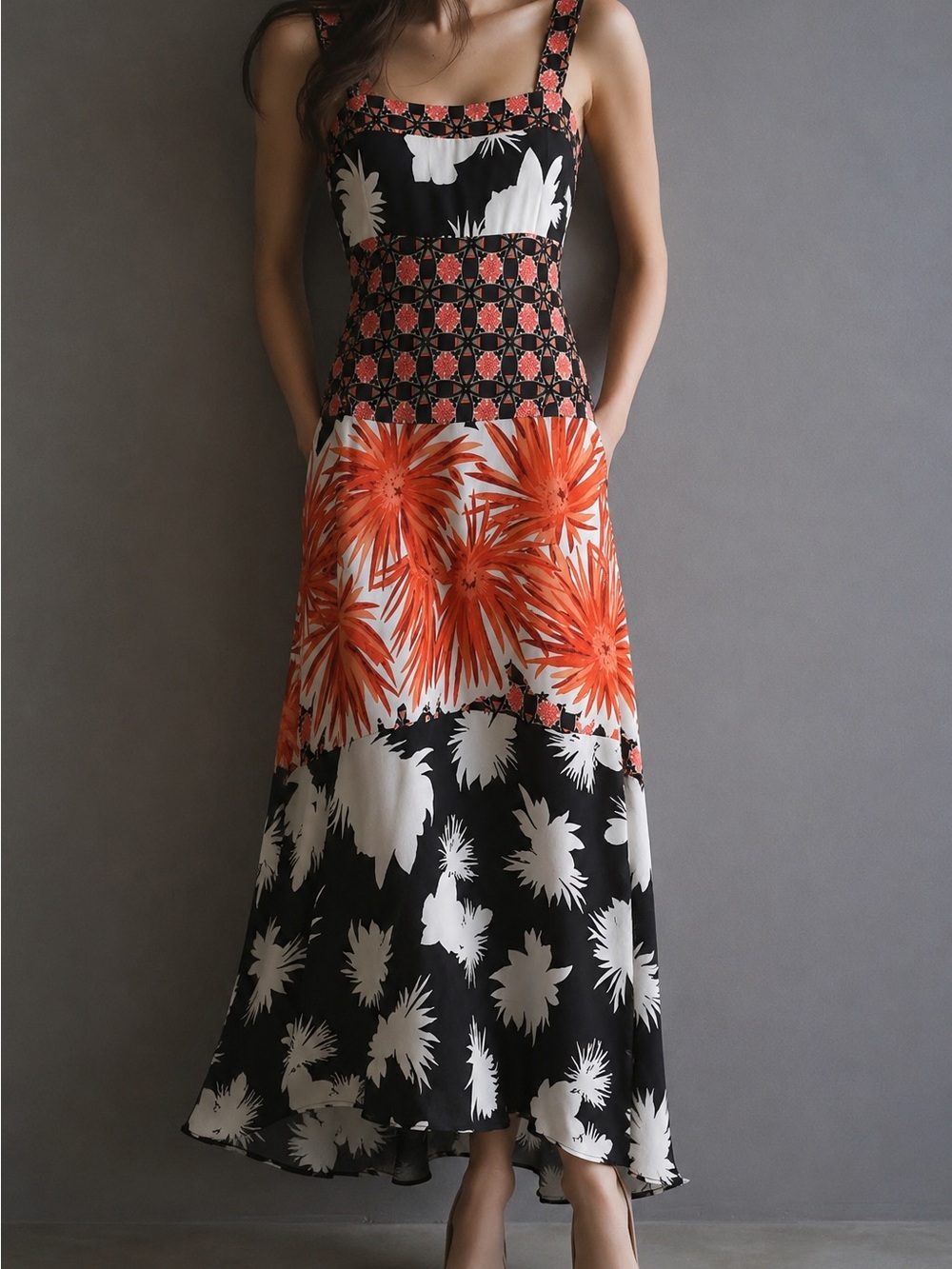 Coco Bianco Floral Tiered Maxi Dress in Black, White & Orange